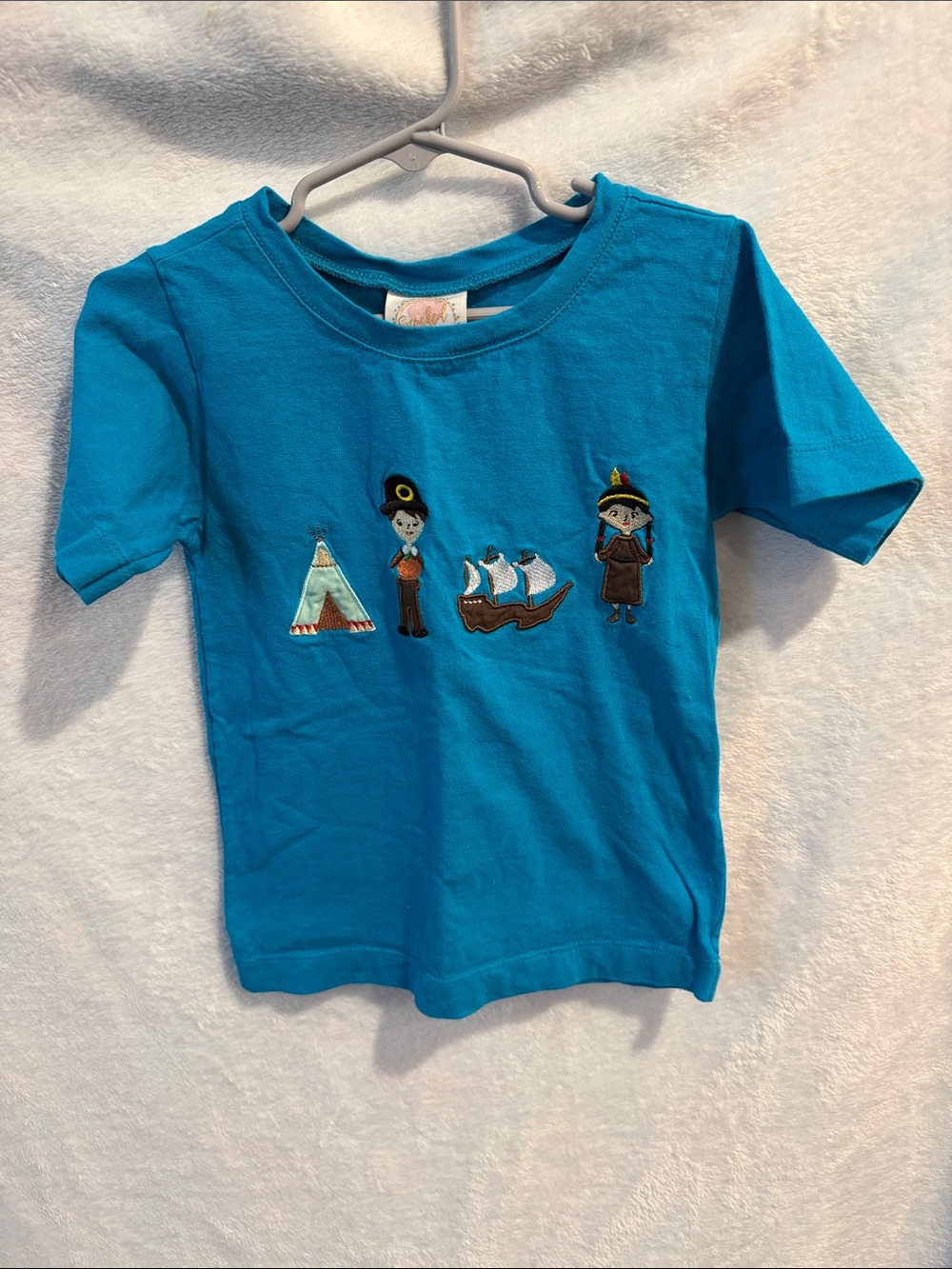 Kids' Smocked PolkaDot Thanksgiving Bright Blue Appliqué T-Shirt Size 5